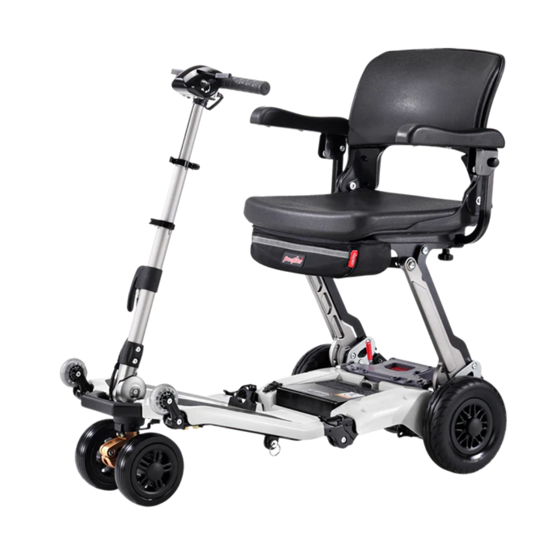 The FreeRider Luggie Super Plus 3 Travel Scooter is a lightweight, foldable electric scooter with four wheels, a black cushioned seat with armrests, and handlebars—ideal for convenient transport and travel.